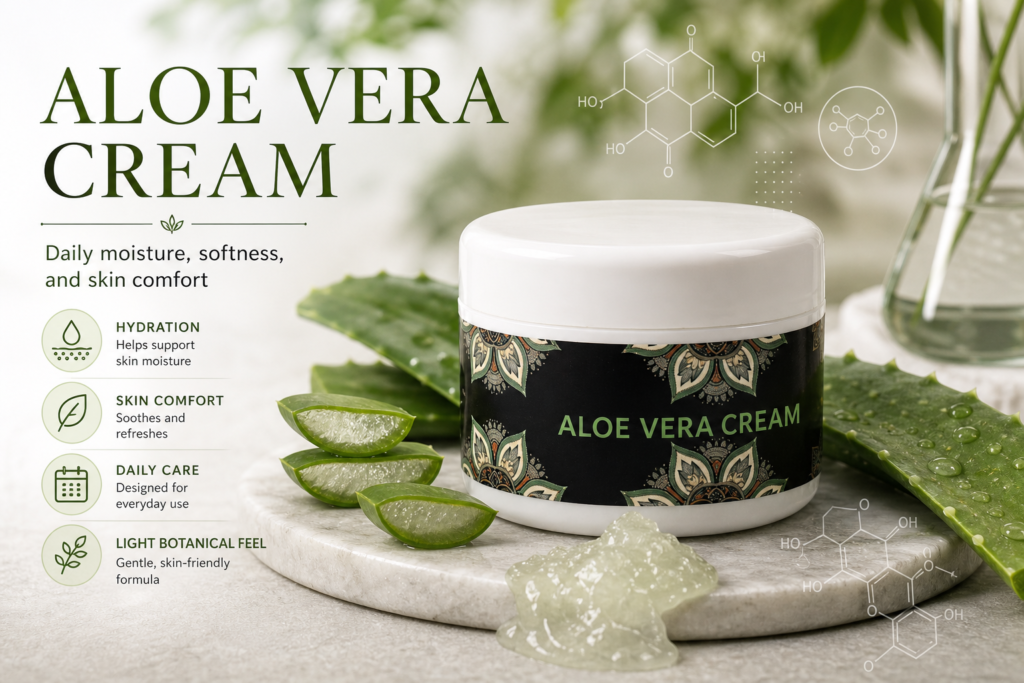 AloeVera Cream journal cover with real product jar and hydration-focused botanical skincare editorial