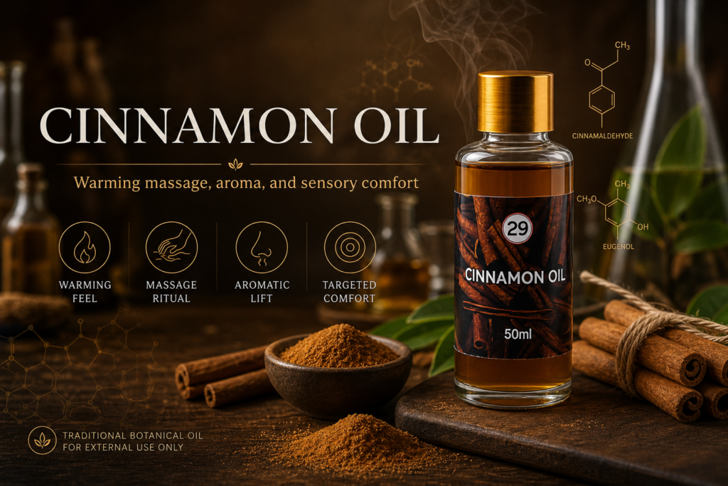 Cinnamon Oil journal cover with real product bottle and warming botanical editorial
