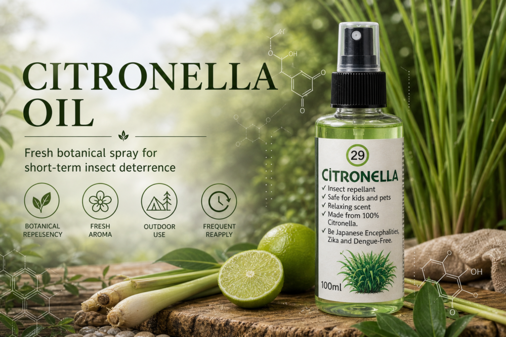 Citronella Oil journal cover with real product bottle and botanical insect-repellent editorial