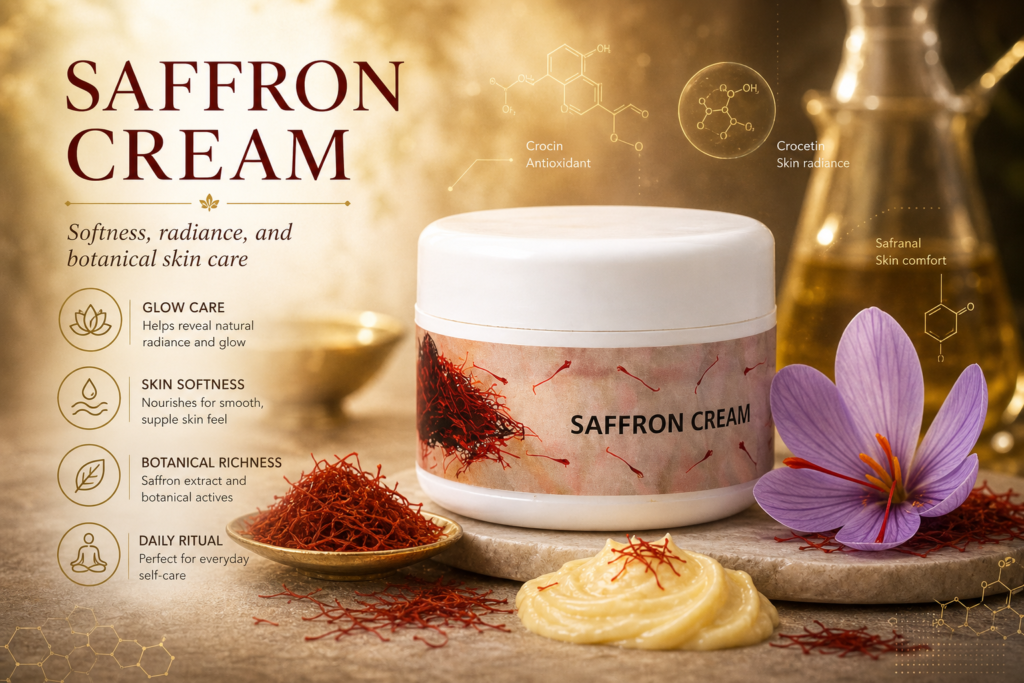 Saffron Cream journal cover with real product jar and premium saffron skincare editorial