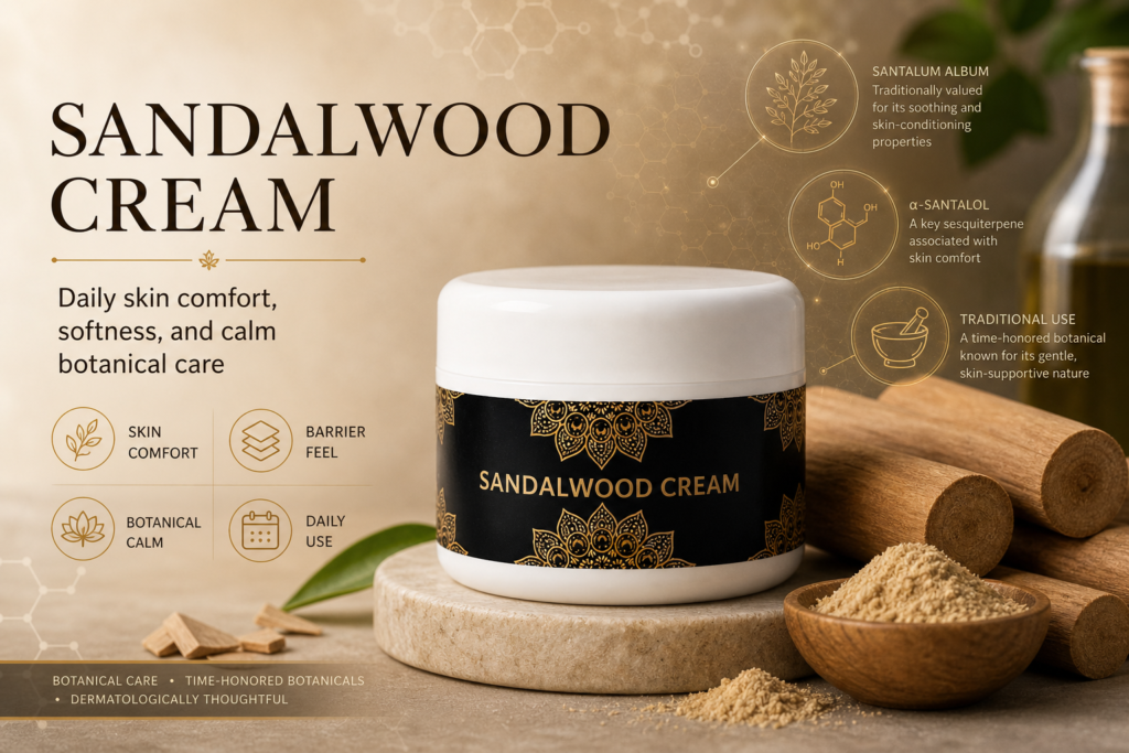 Sandalwood Cream journal cover with real product jar and calm botanical skincare editorial