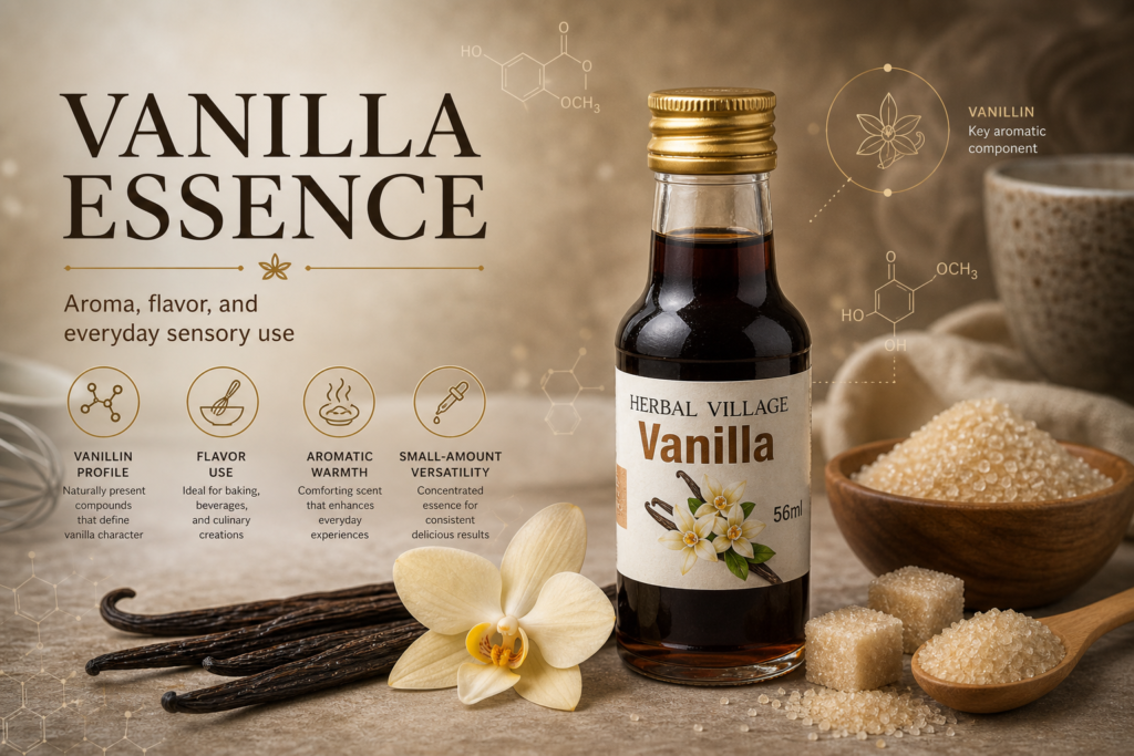 Vanilla Essence journal cover with real product bottle and warm aroma culinary editorial